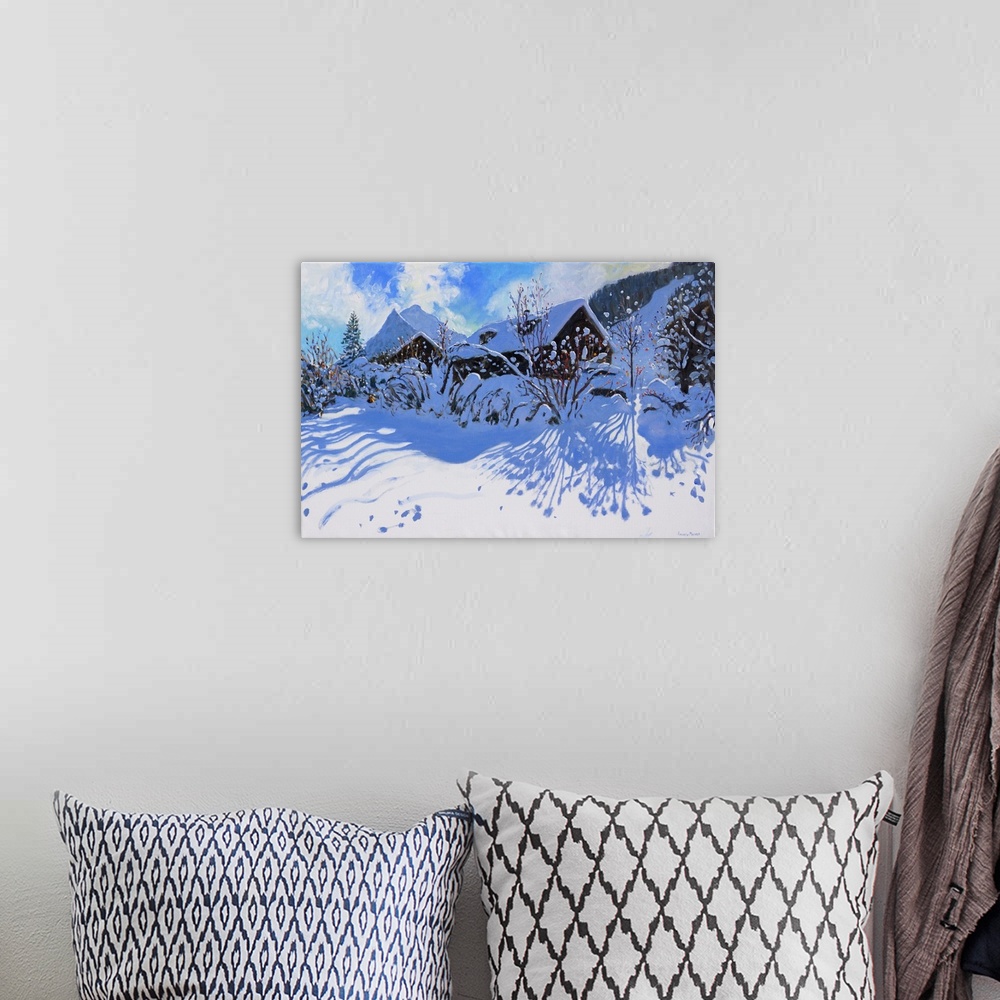 A bohemian room featuring Fresh snow, Morzine Village, 2015, oil on canvas.