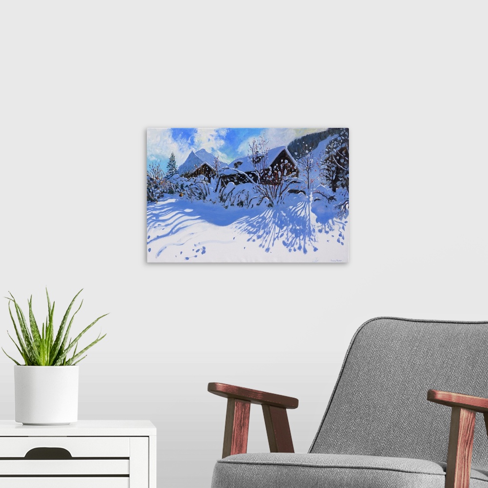 A modern room featuring Fresh snow, Morzine Village, 2015, oil on canvas.
