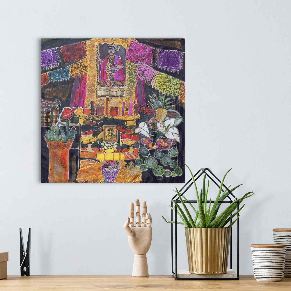 A bohemian room featuring Dyed silk painting of a shrine to the painter Frida Kahlo.