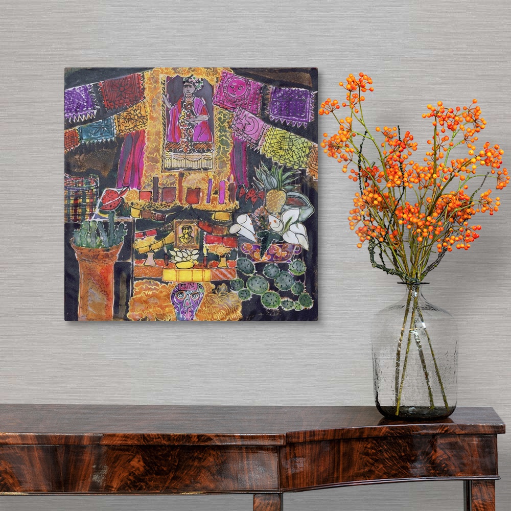 A traditional room featuring Dyed silk painting of a shrine to the painter Frida Kahlo.