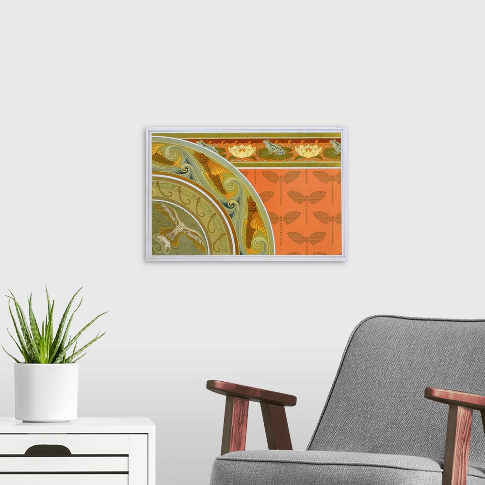 A modern room featuring Originally a colour lithograph. Designs For Wallpaper Borders "Frogs And Waterlillies", Border Of...