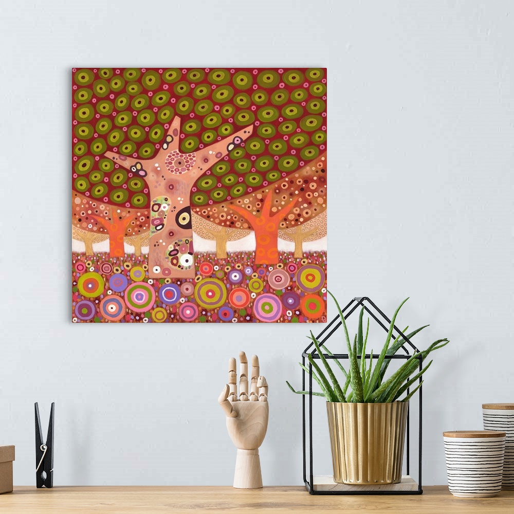 A bohemian room featuring Colorful contemporary painting using elaborate patterns and designs.