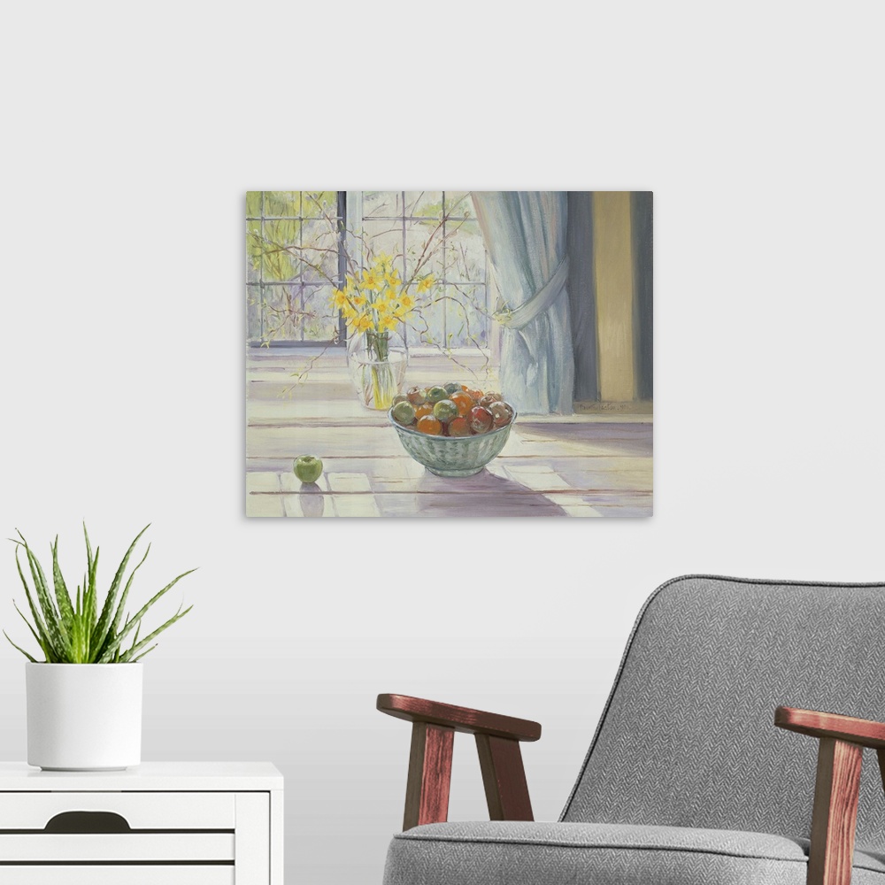 A modern room featuring Originally oil on canvas