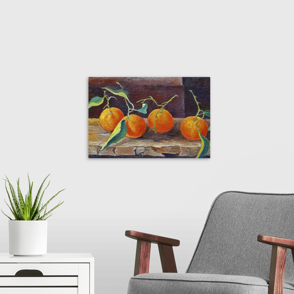 A modern room featuring Contemporary still-life painting of oranges sitting on a shelf.