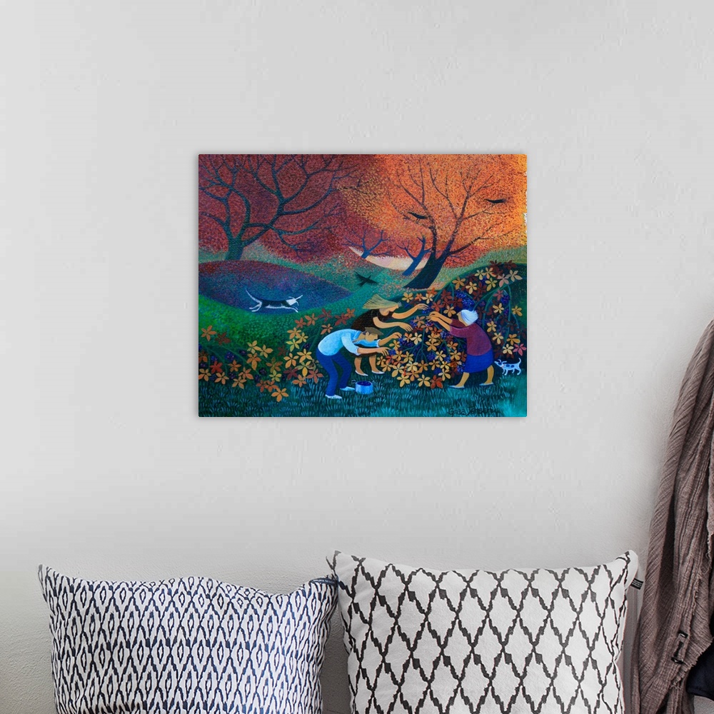 A bohemian room featuring Contemporary painting of people picking berries in the fall.