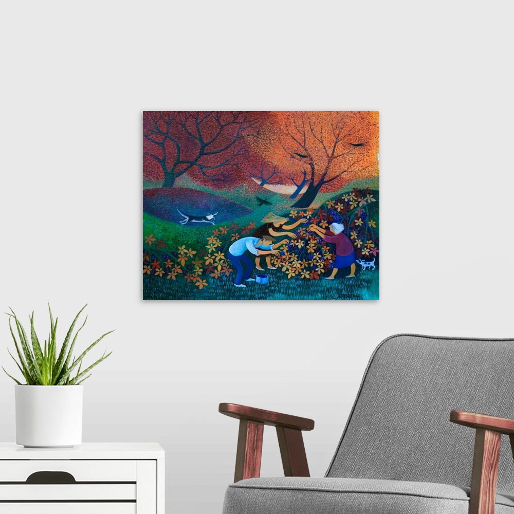 A modern room featuring Contemporary painting of people picking berries in the fall.