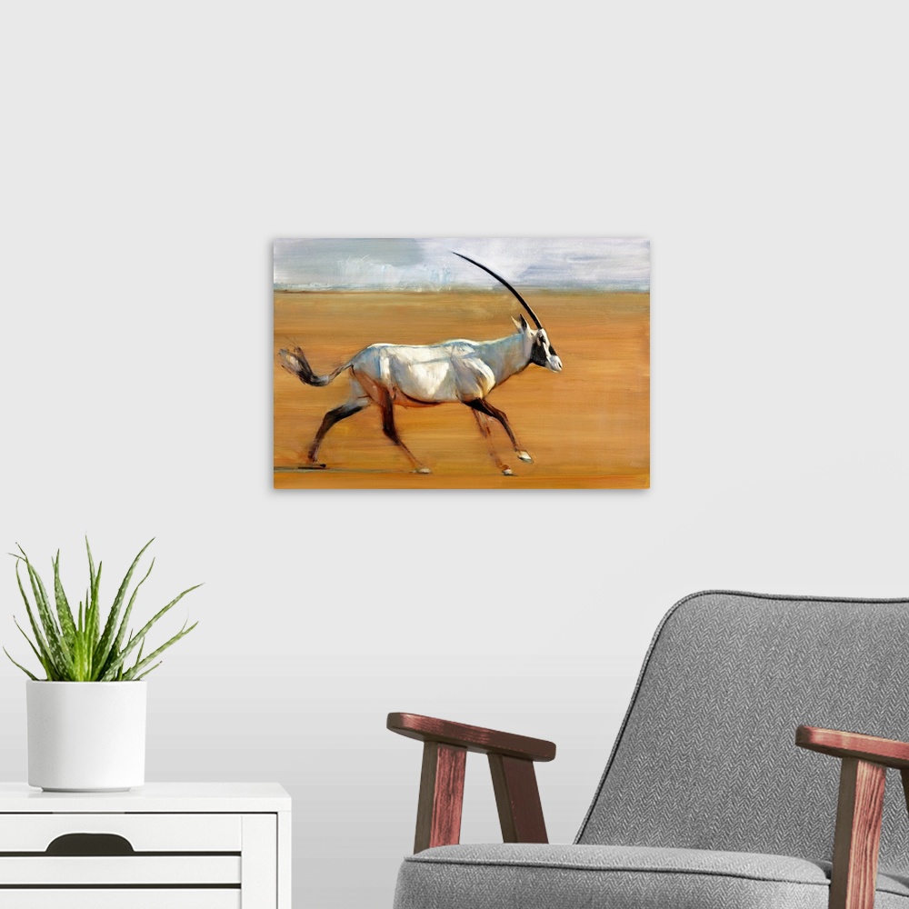 A modern room featuring Contemporary wildlife painting of an Oryx running in the desert.