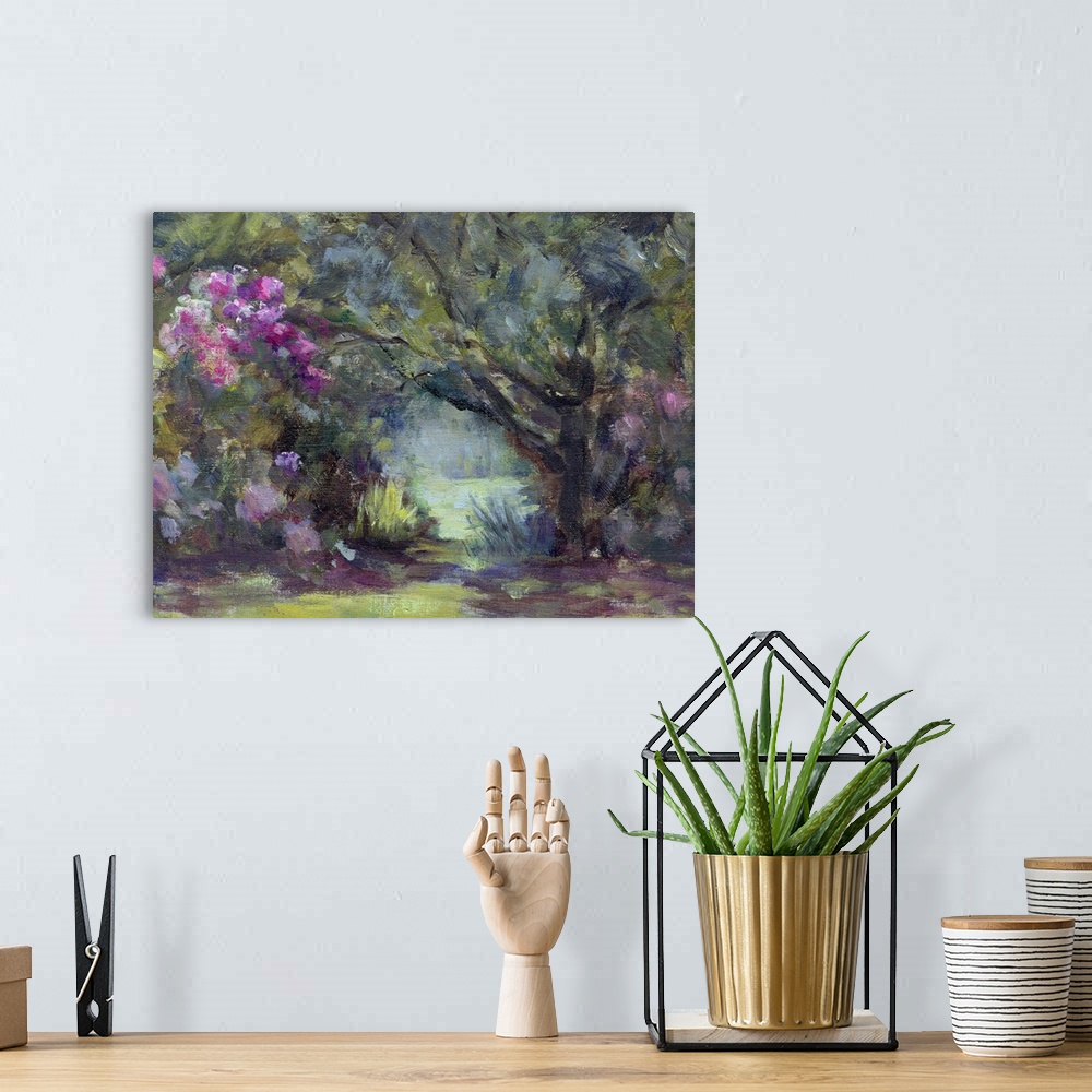 A bohemian room featuring This contemporary artwork is a painting of trees and foliage leading into a garden. The trees and...