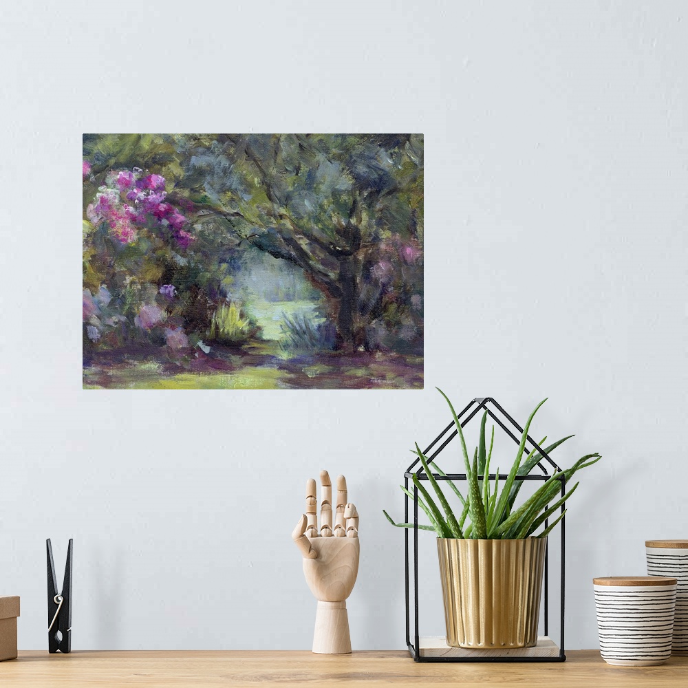 A bohemian room featuring This contemporary artwork is a painting of trees and foliage leading into a garden. The trees and...