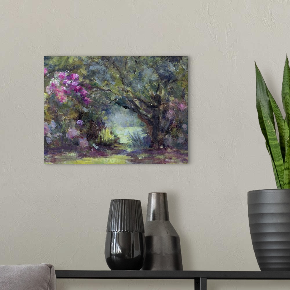 A modern room featuring This contemporary artwork is a painting of trees and foliage leading into a garden. The trees and...