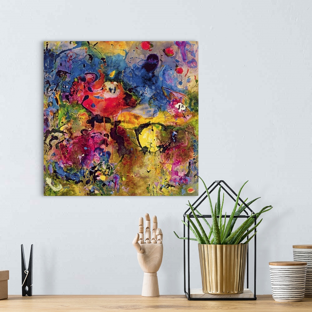 A bohemian room featuring Contemporary abstract painting in bright colors with lots of movement.