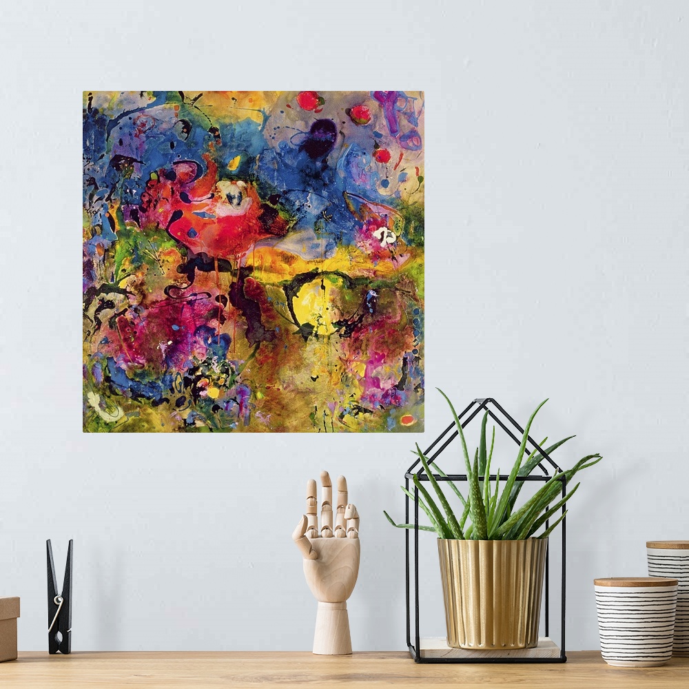 A bohemian room featuring Contemporary abstract painting in bright colors with lots of movement.