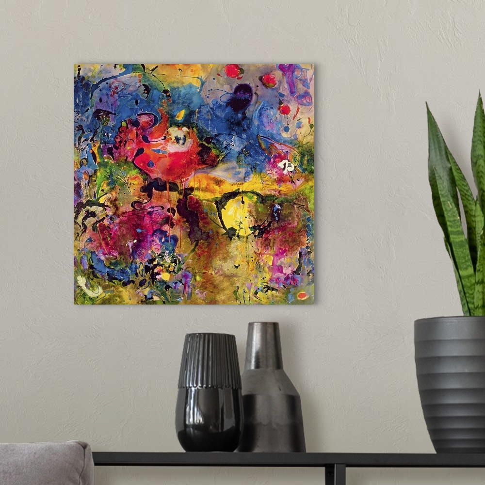 A modern room featuring Contemporary abstract painting in bright colors with lots of movement.