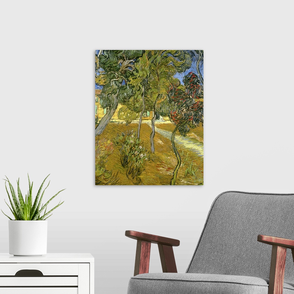 A modern room featuring Big painting on canvas of different trees on a hill near a building made up of curving brushstrokes.