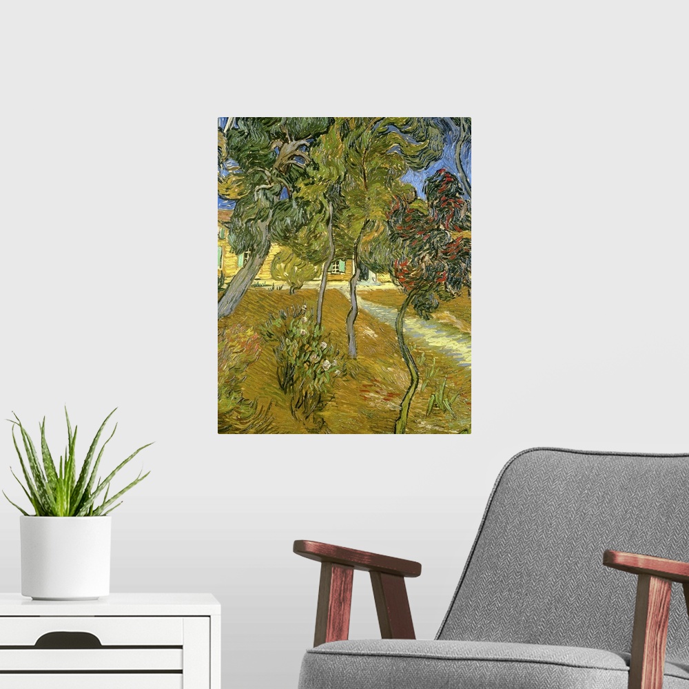 A modern room featuring Big painting on canvas of different trees on a hill near a building made up of curving brushstrokes.