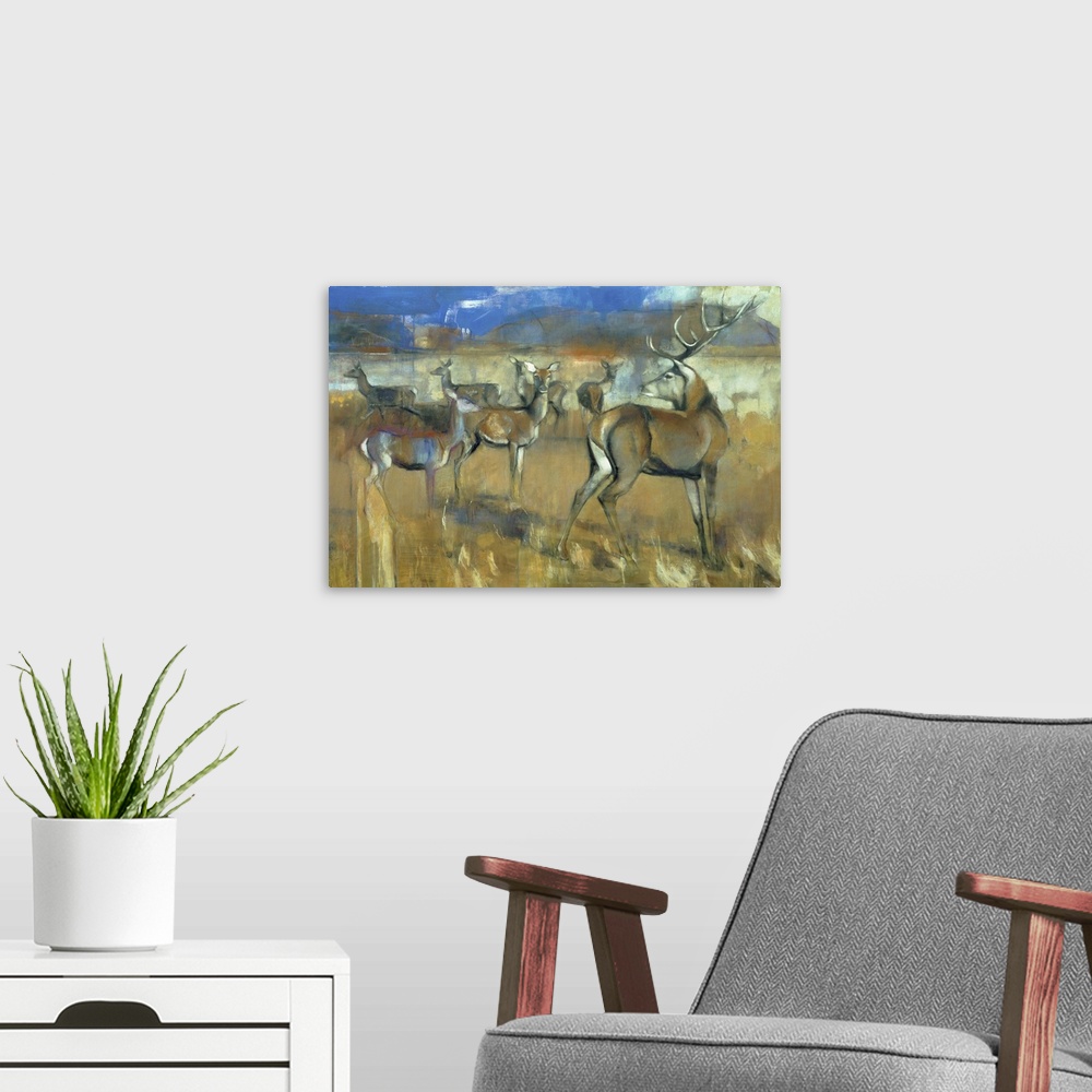 A modern room featuring Gathering Deer, 1998 (Originally mixed media and collage on paper)