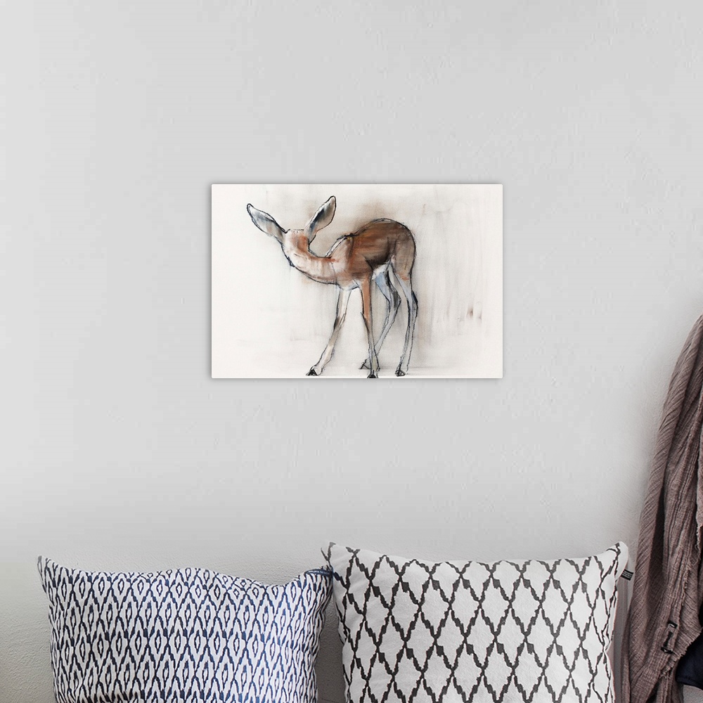 A bohemian room featuring Contemporary wildlife painting of a young gazelle fawn.