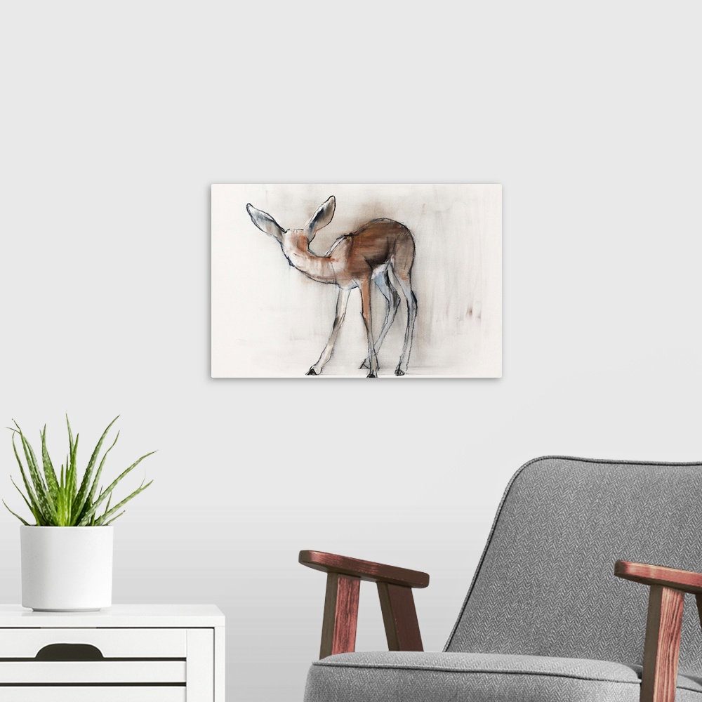 A modern room featuring Contemporary wildlife painting of a young gazelle fawn.