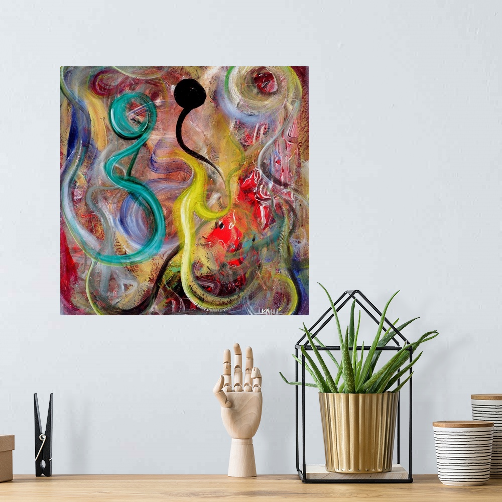 A bohemian room featuring Giant abstract art includes various swirls and curved lines of bright cool and warm tones of diff...