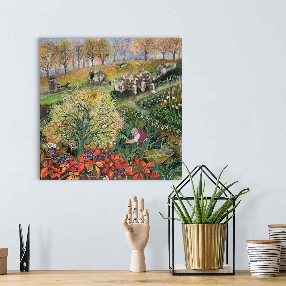A bohemian room featuring Contemporary painting of a farmer gardening in the countryside.