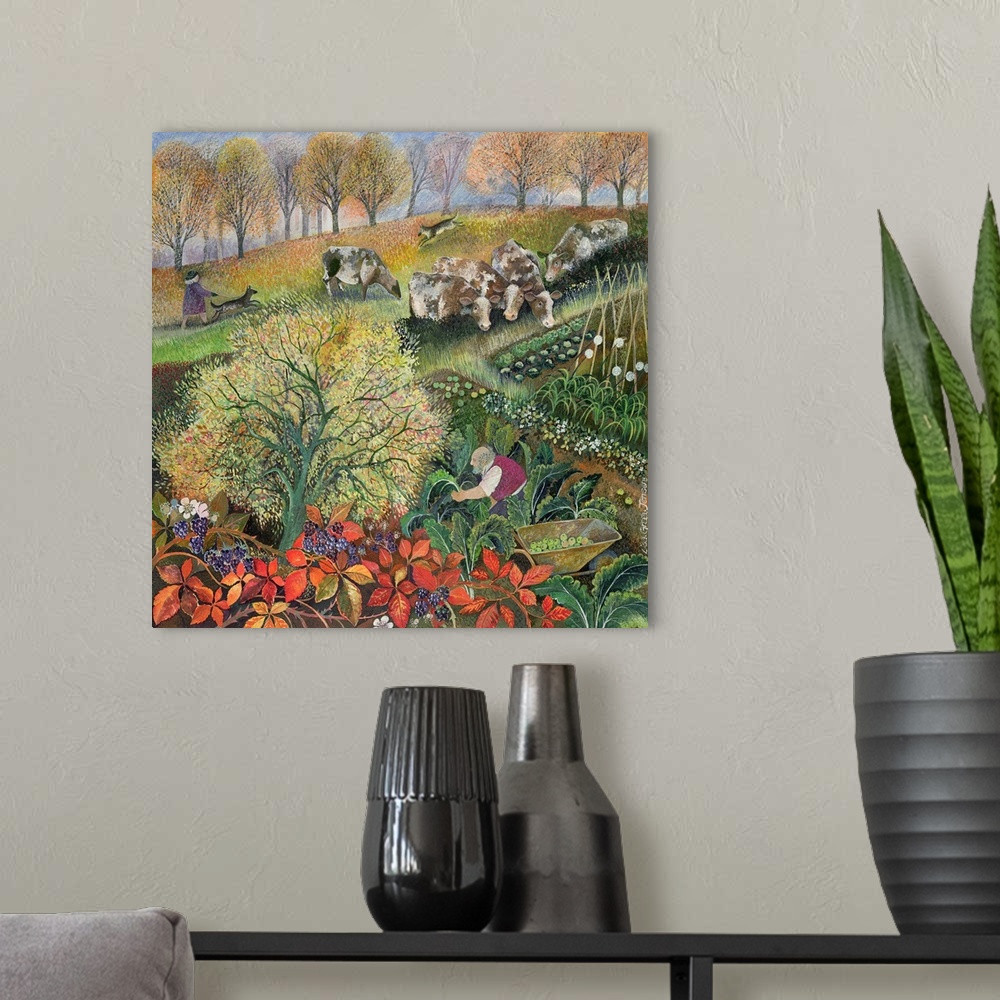 A modern room featuring Contemporary painting of a farmer gardening in the countryside.