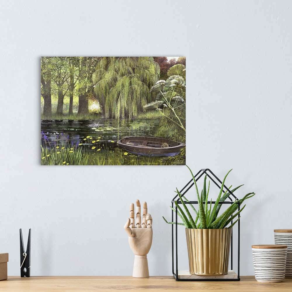 A bohemian room featuring Contemporary painting of a row boat on the edge of a countryside pond.