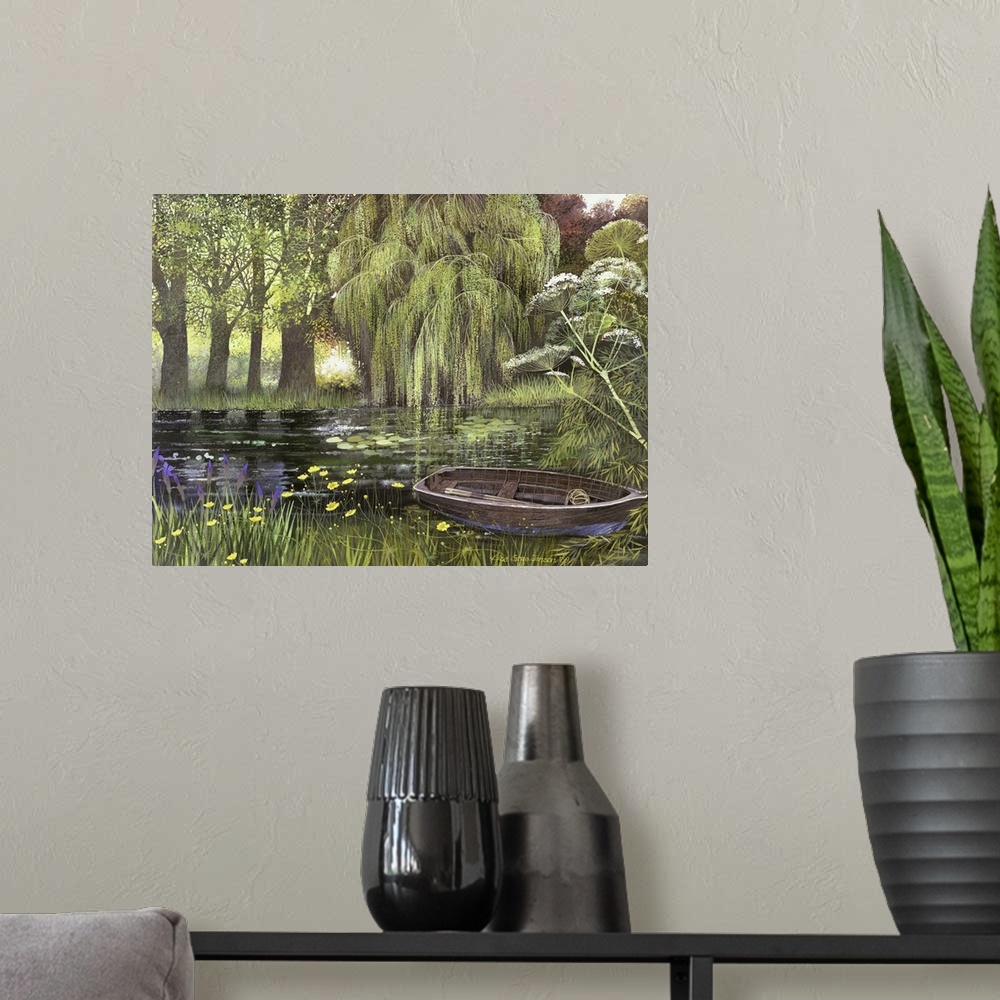 A modern room featuring Contemporary painting of a row boat on the edge of a countryside pond.