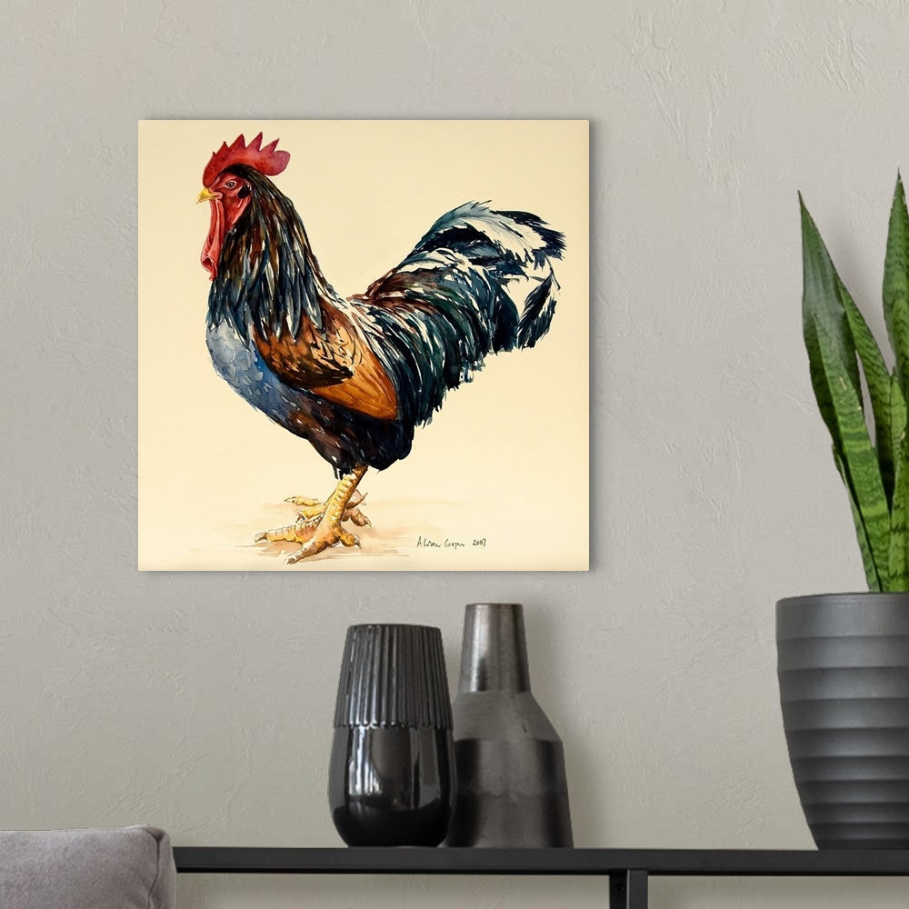 A modern room featuring Contemporary painting of a large rooster with dark feathers.