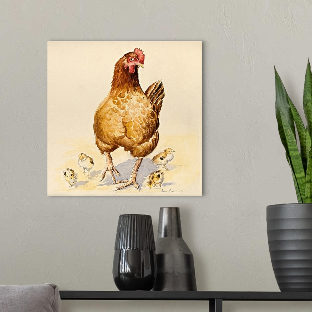A modern room featuring Contemporary painting of a mother hen and four small chicks.