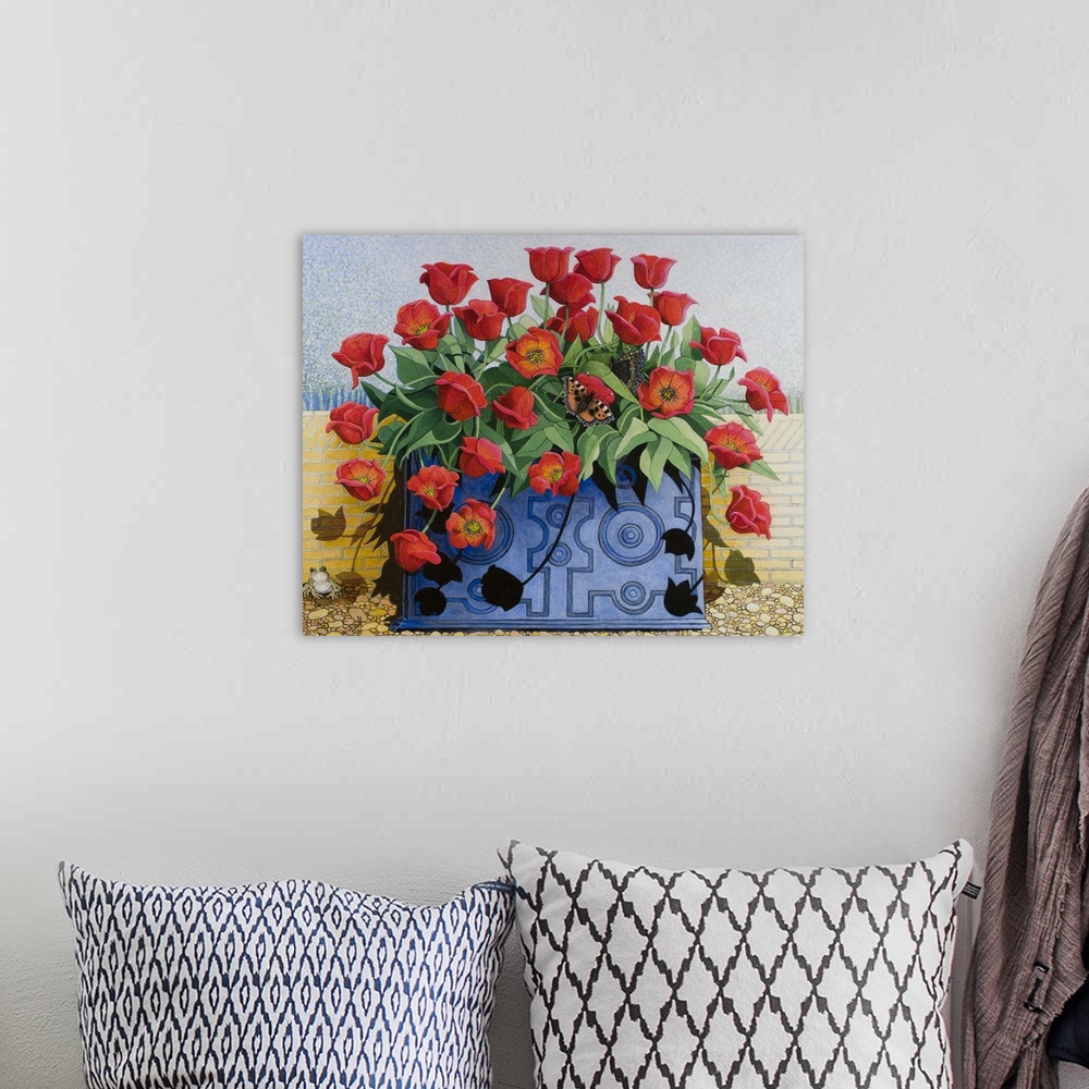 A bohemian room featuring PS433867 Getting There, 2011 (acrylic on calico) flowers; tulips; still life; window box; toad; f...