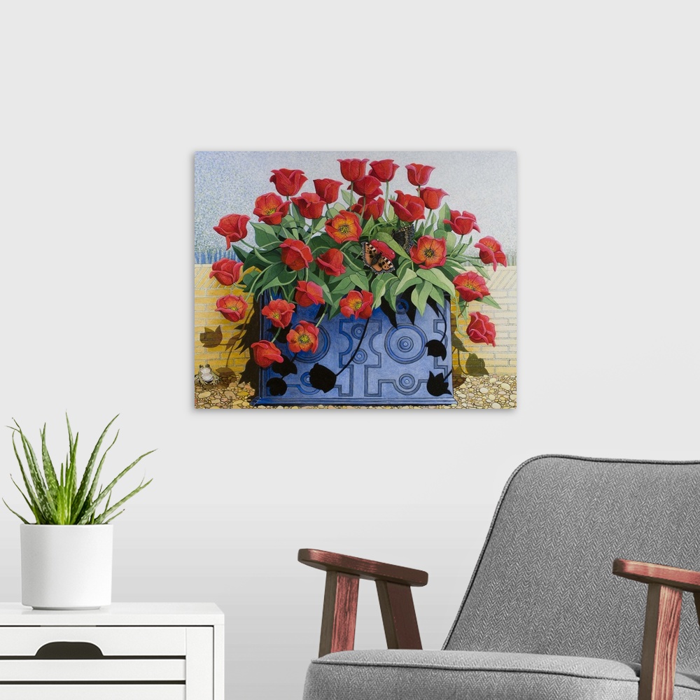A modern room featuring PS433867 Getting There, 2011 (acrylic on calico) flowers; tulips; still life; window box; toad; f...