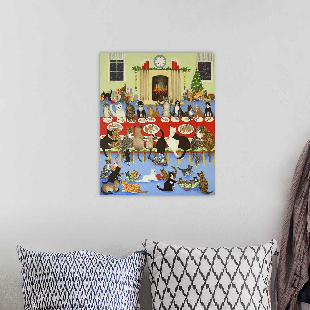 A bohemian room featuring Contemporary painting of several cats sharing a Christmas dinner.
