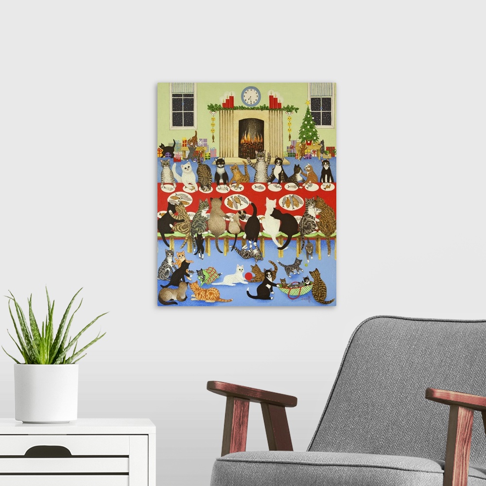 A modern room featuring Contemporary painting of several cats sharing a Christmas dinner.