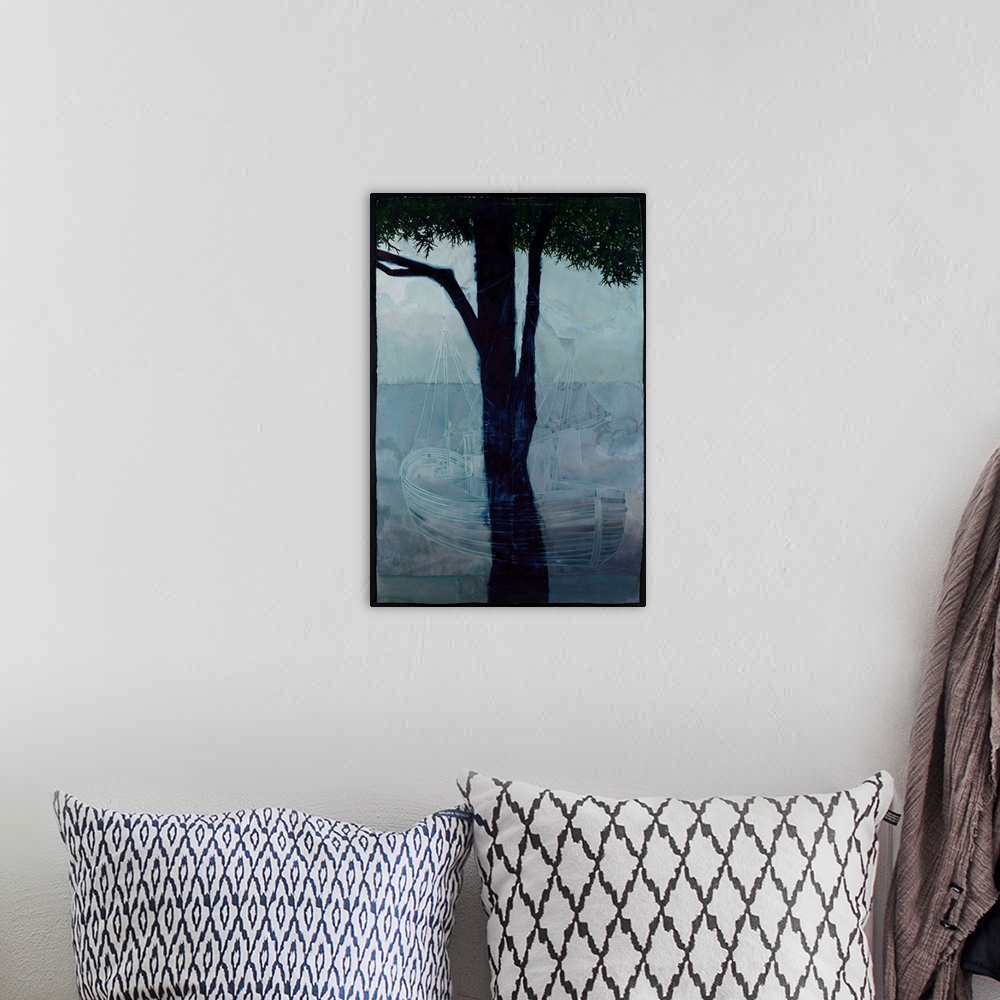 A bohemian room featuring Contemporary watercolor painting of a faint ship overlay with the image of a tree.