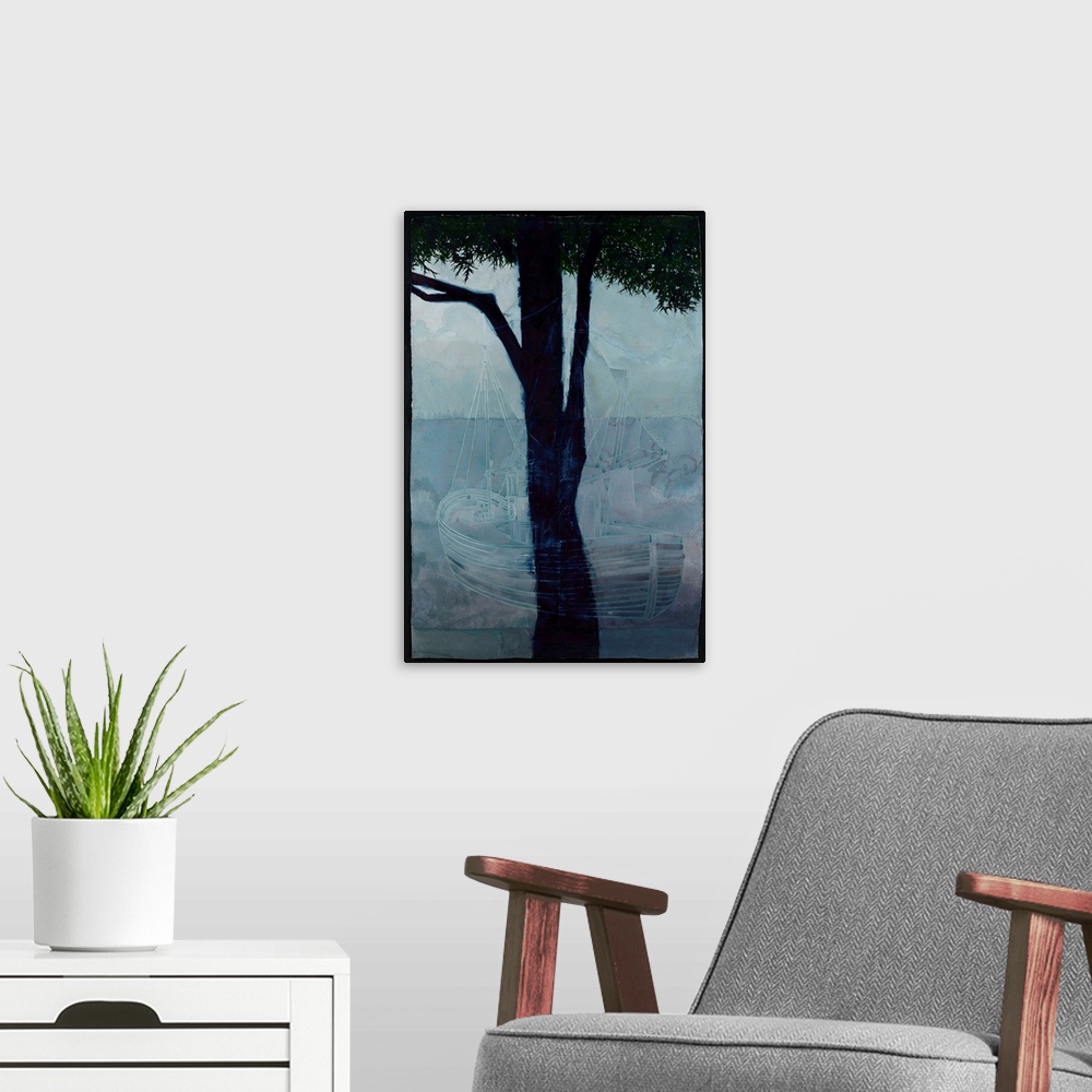 A modern room featuring Contemporary watercolor painting of a faint ship overlay with the image of a tree.