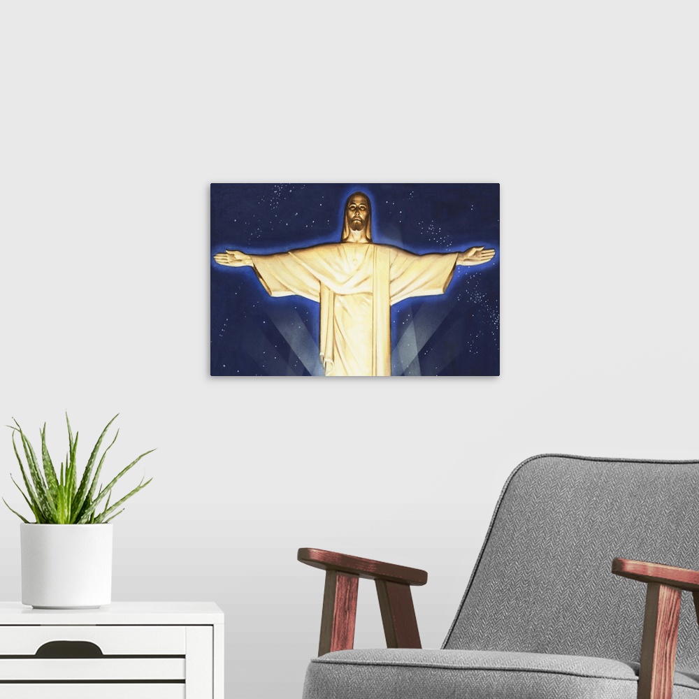 A modern room featuring Giant Figure of Christ. 2,300 feet above Rio de Janeiro this giant figure in concrete tops a moun...