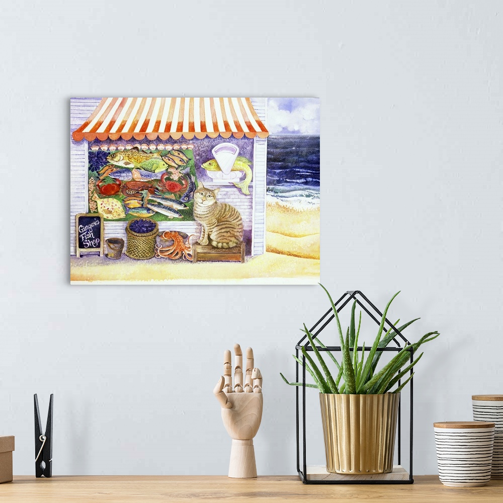 A bohemian room featuring Contemporary artwork of a cat at a fish market.