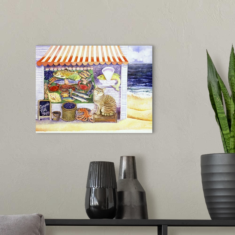 A modern room featuring Contemporary artwork of a cat at a fish market.