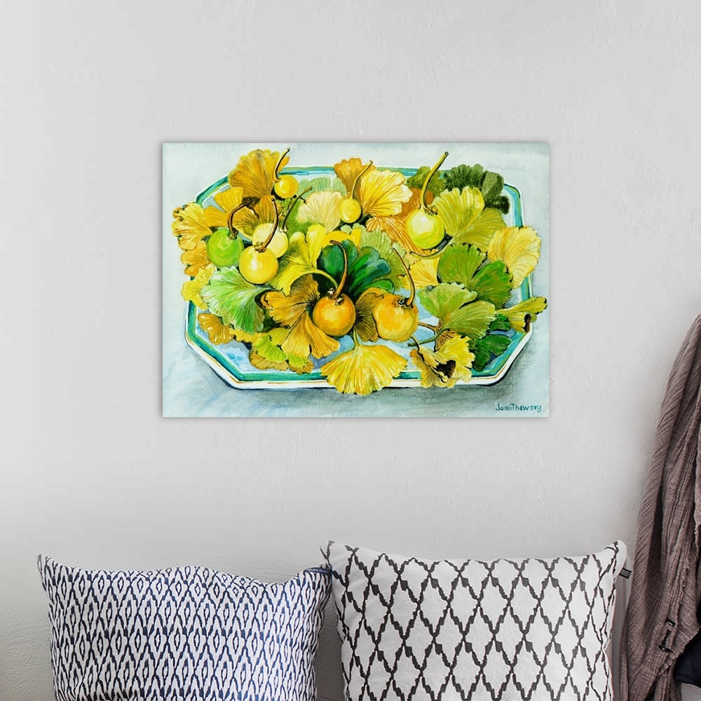 A bohemian room featuring Ginkgo, fruit and Leaves, 2010, originally watercolor on paper.