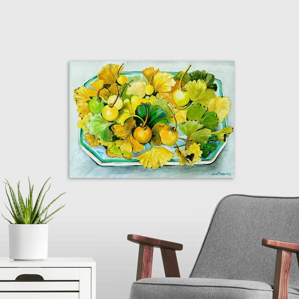 A modern room featuring Ginkgo, fruit and Leaves, 2010, originally watercolor on paper.