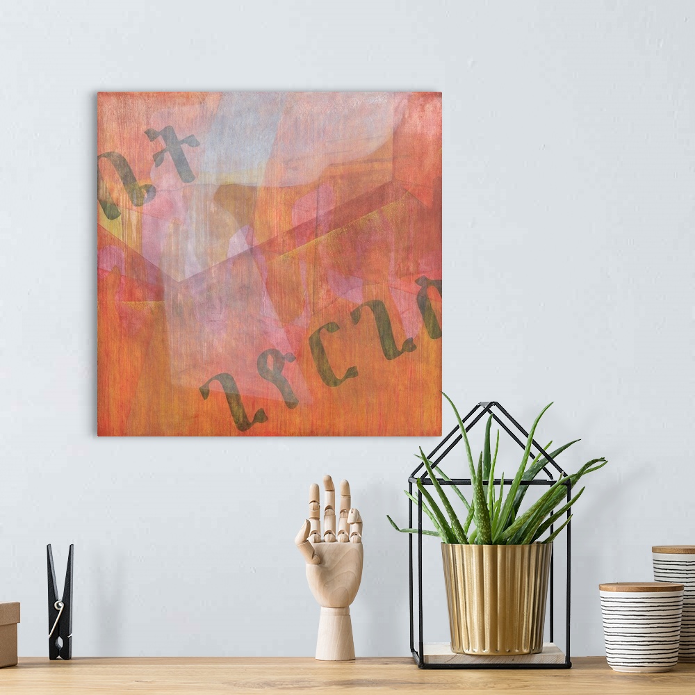 A bohemian room featuring Contemporary abstract painting with Ge'ez script.