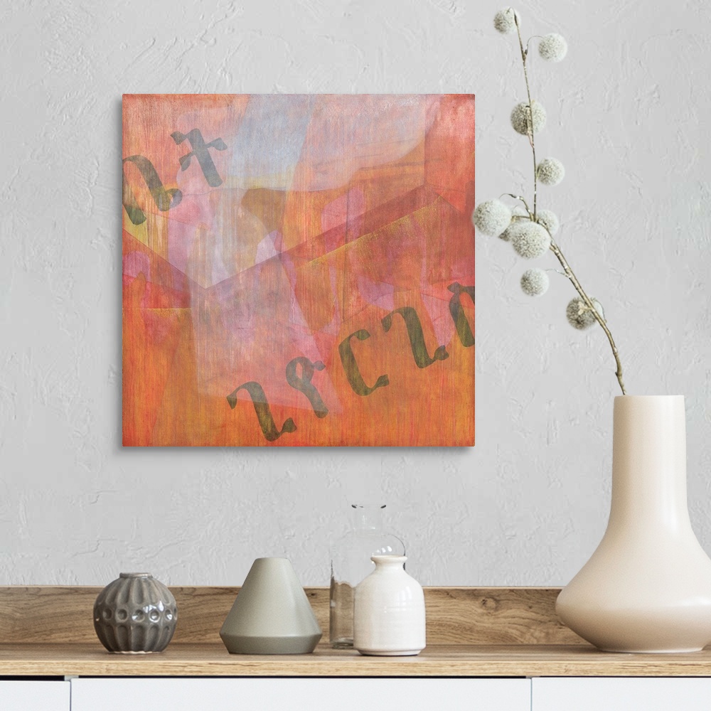 A farmhouse room featuring Contemporary abstract painting with Ge'ez script.