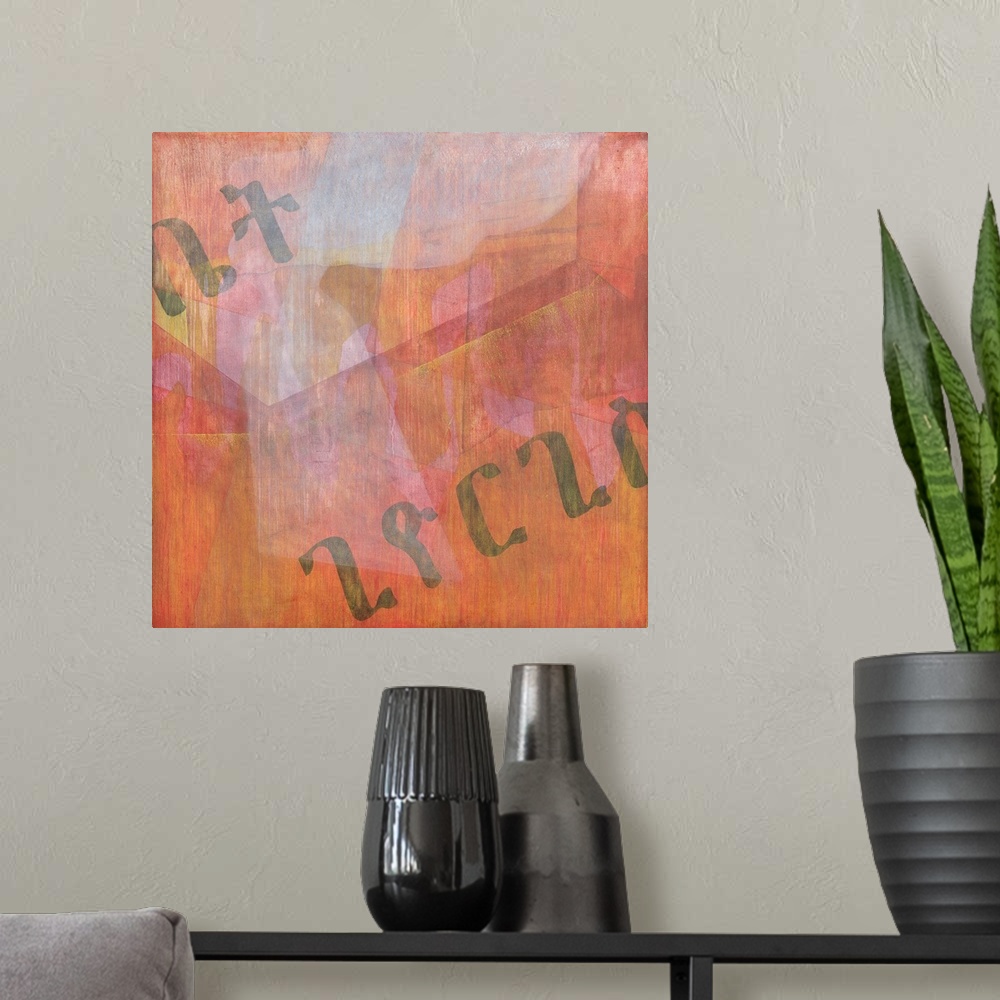 A modern room featuring Contemporary abstract painting with Ge'ez script.