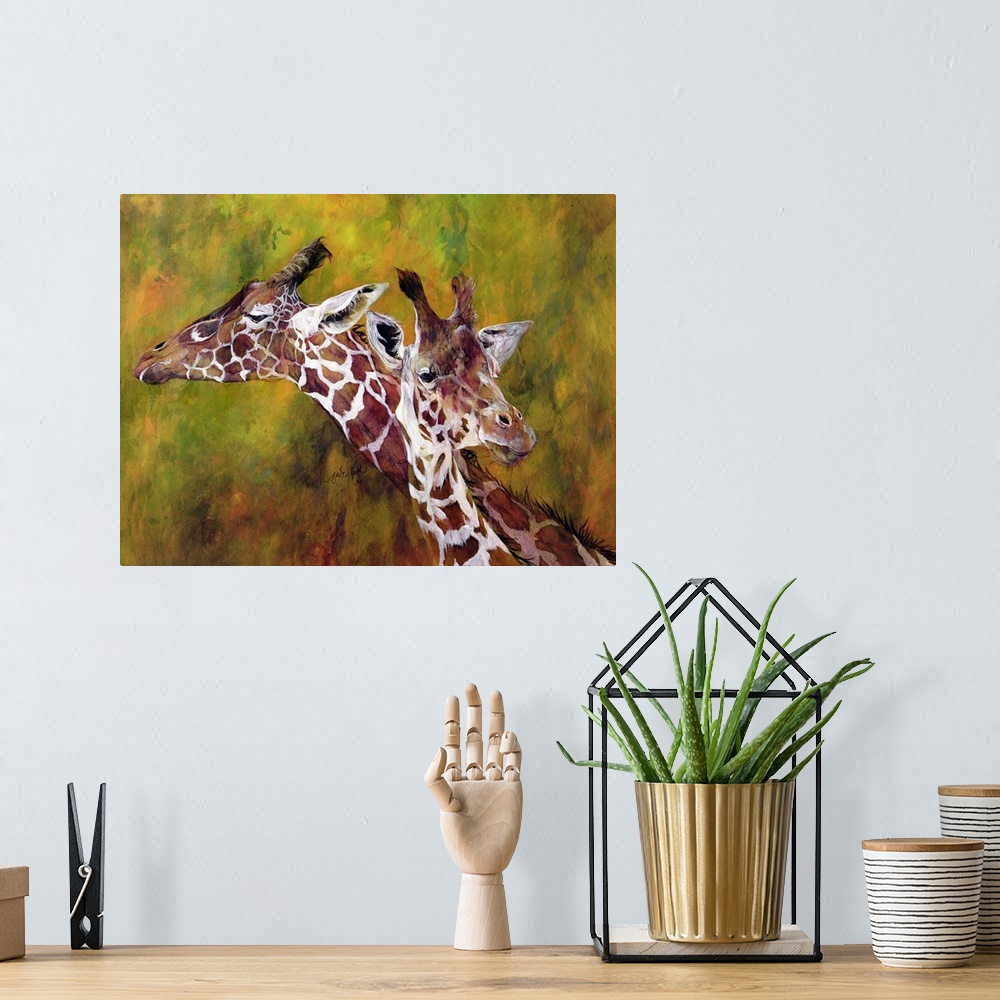 A bohemian room featuring Oversized, landscape artwork of two giraffes from the neck up, next to each other on a splotchy b...