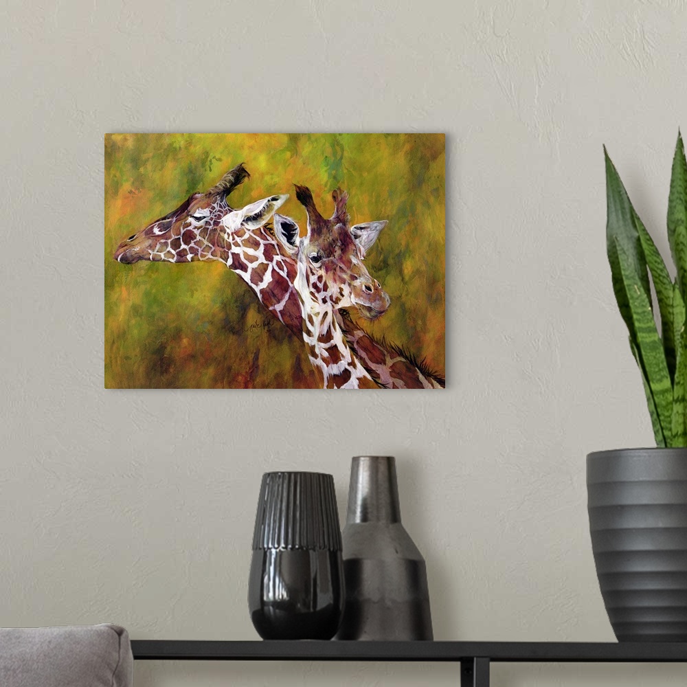A modern room featuring Oversized, landscape artwork of two giraffes from the neck up, next to each other on a splotchy b...