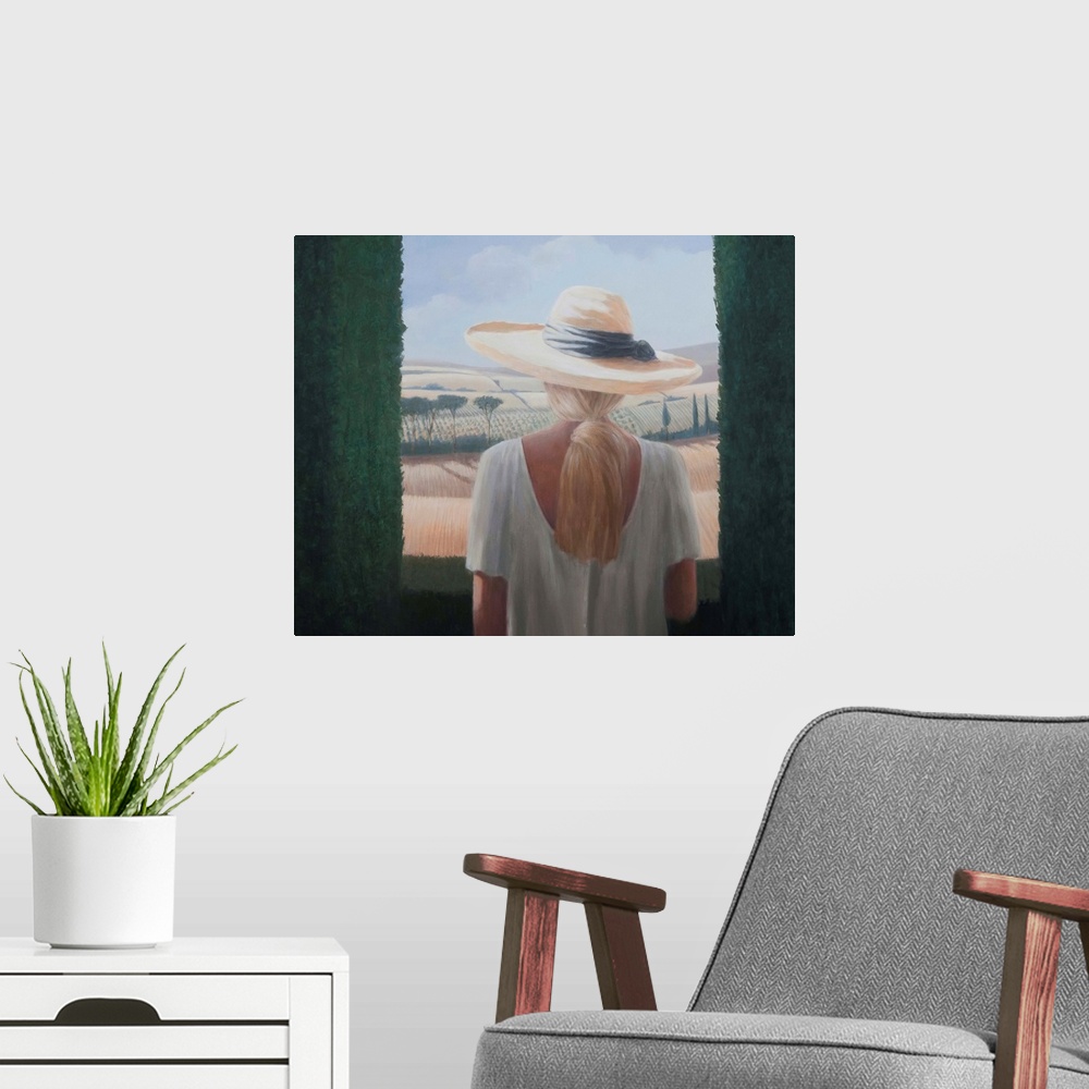 A modern room featuring Contemporary painting of a woman with a sun hat, looking out a window.