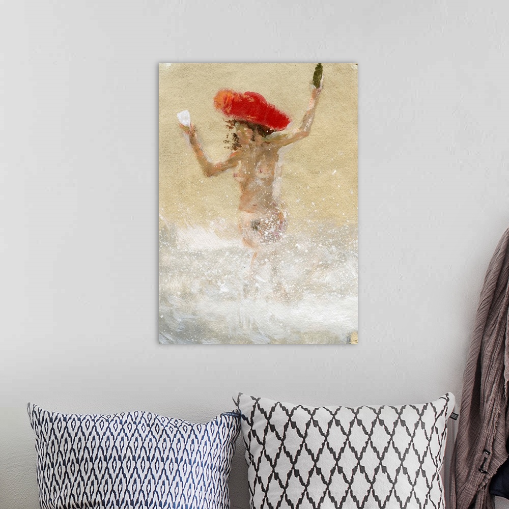 A bohemian room featuring Contemporary painting of a nude woman wearing a large red hat.