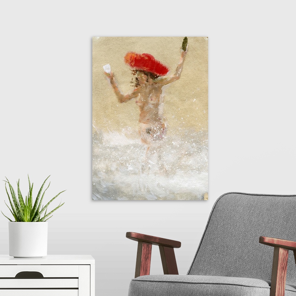 A modern room featuring Contemporary painting of a nude woman wearing a large red hat.