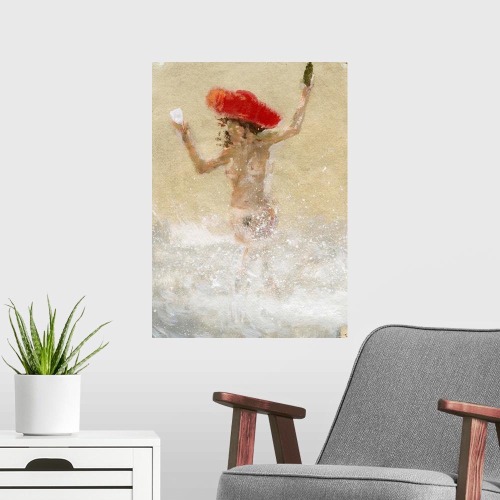 A modern room featuring Contemporary painting of a nude woman wearing a large red hat.