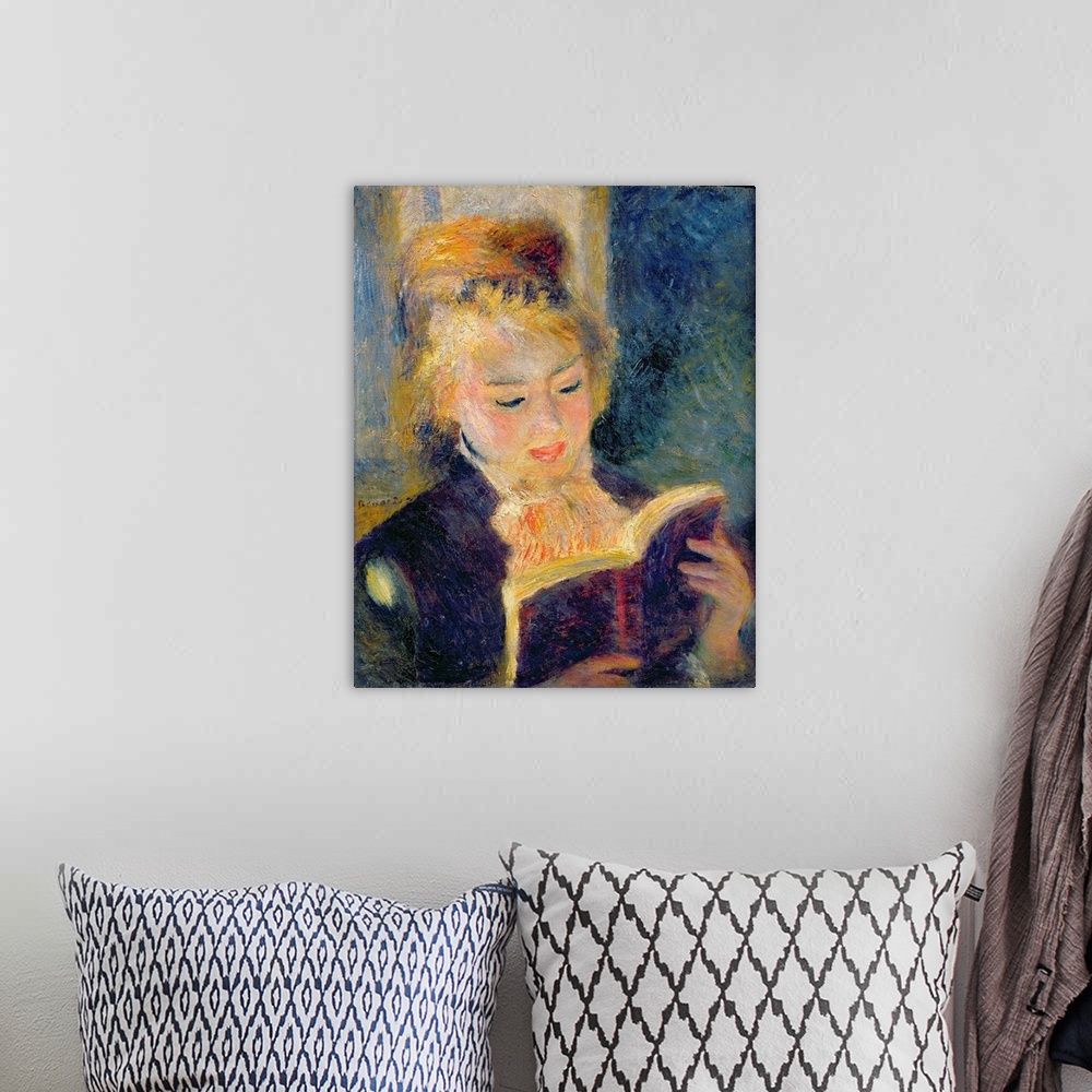 A bohemian room featuring Portrait, classic art painting on a big canvas of a woman reading a book.  Painted with harsh, ro...